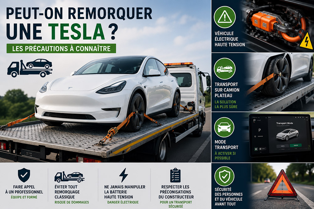 Tesla transportée sur camion plateau